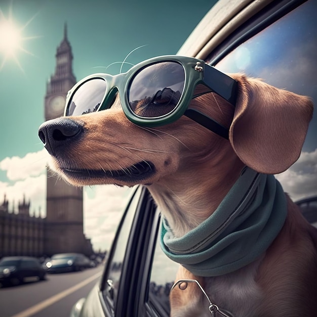 Hond in het Verenigd Koninkrijk reist met fancy zonnebril