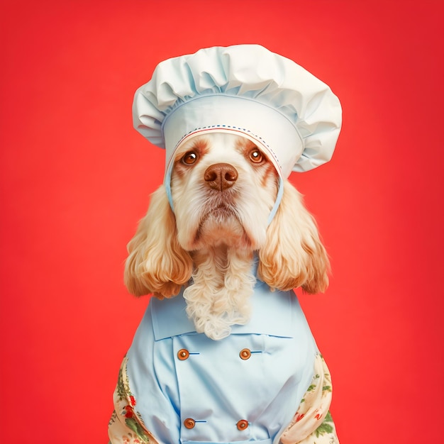 Hond in jaren 70-stijl gekleed in een kokskostuum