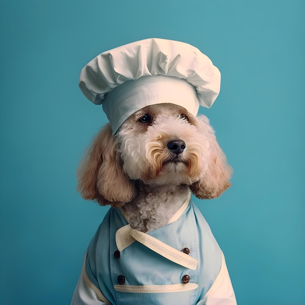 Hond in jaren 70-stijl gekleed in een kokskostuum