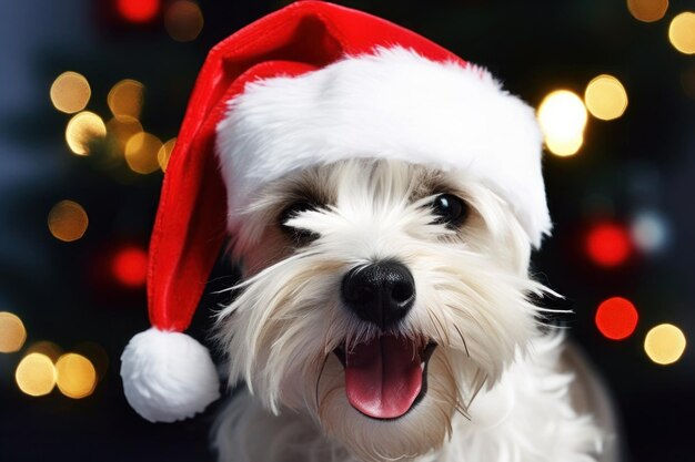 Hond in kerstman hoed poseren kerst achtergrond ai generatief