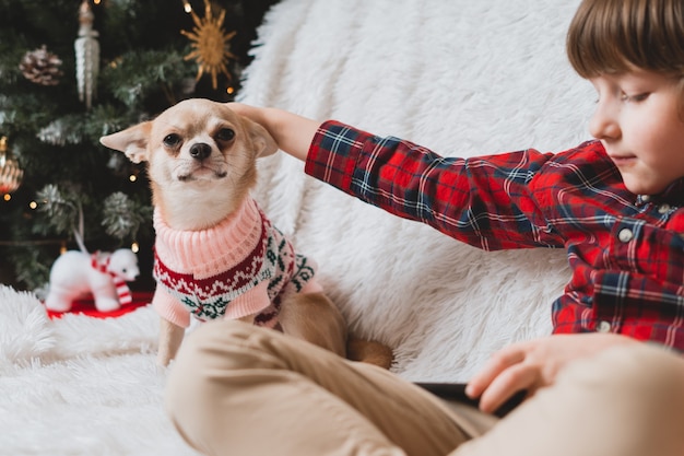 Hond in Kerstmissweater met kind