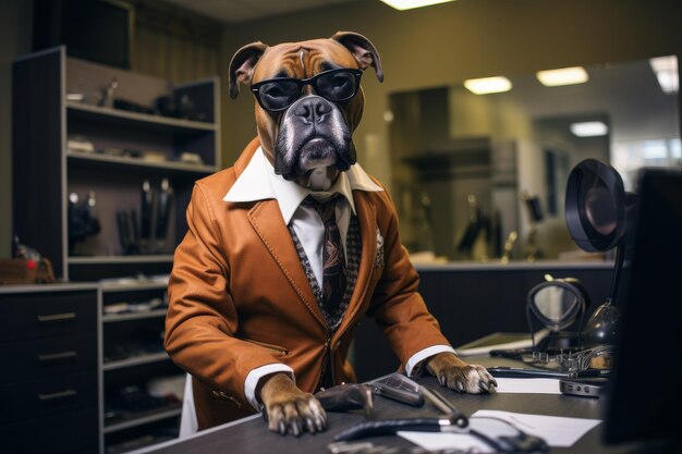 Hond in pak en stropdas aan het bureau