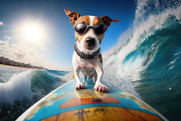 Hond jack russell surfen op surfplank de golf Illustratie AI generatief