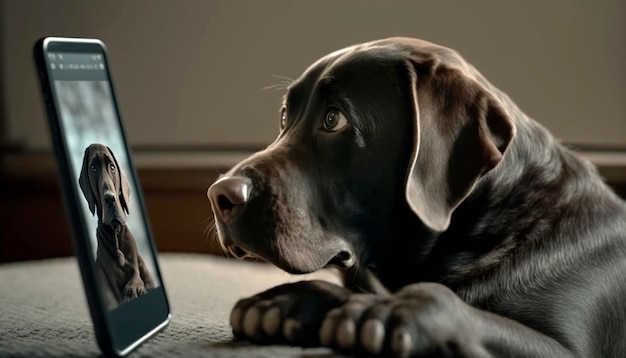 Hond kijkt naar het scherm van de smartphone en kijkt naar video Generative Ai