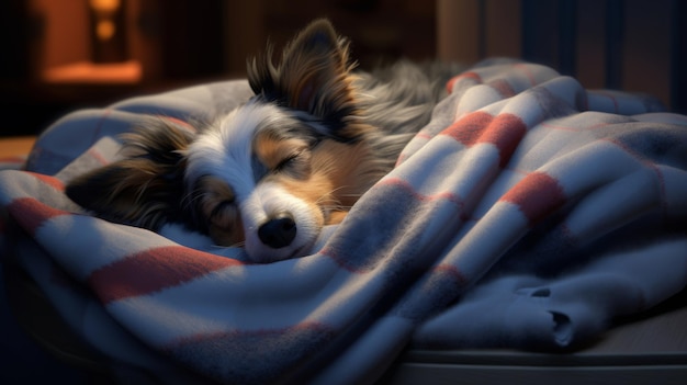 Hond ligt op de deken op het bed