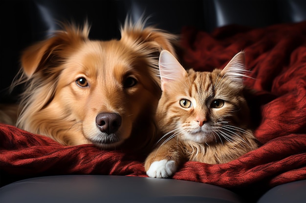 hond ligt op een kat en beiden ontspannen samen