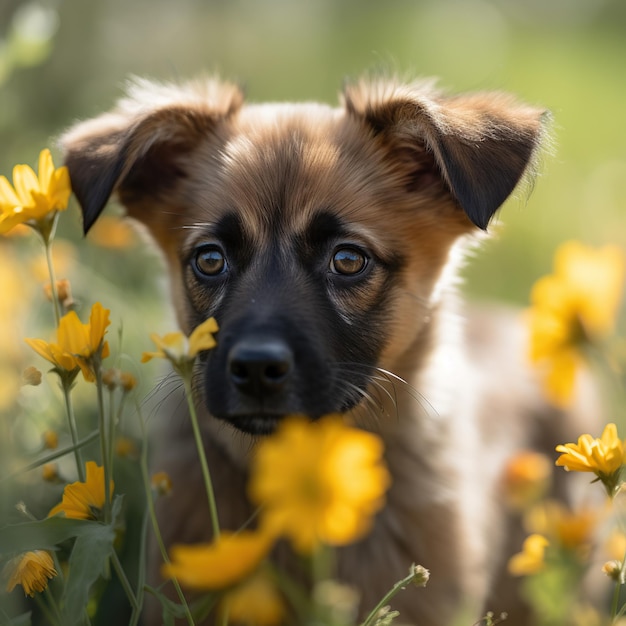 Hond met bloeiende bloemen