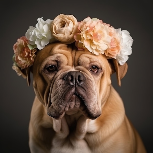 Hond met bloemenkrans op kop Realistisch portret Generatieve AI