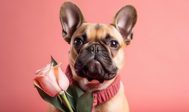 Hond met een boeket tulpen tussen zijn tanden op een roze achtergrond Lentekaart voor Valentijnsdag Vrouwendag Verjaardag generatieve AI