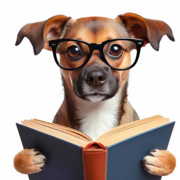hond met een bril die een boek op een witte achtergrond leest