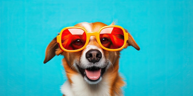 Hond met een coole bril op een gekleurde achtergrond