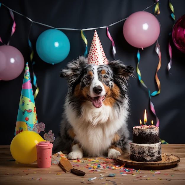 Hond met een feesthoed op een verjaardagsfeestje Australische herder