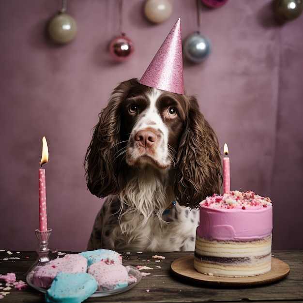 Hond met een feesthoed op een verjaardagsfeestje Engelse cocker spaniel