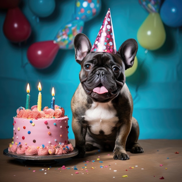 Hond met een feesthoed op een verjaardagsfeestje Franse bulldog