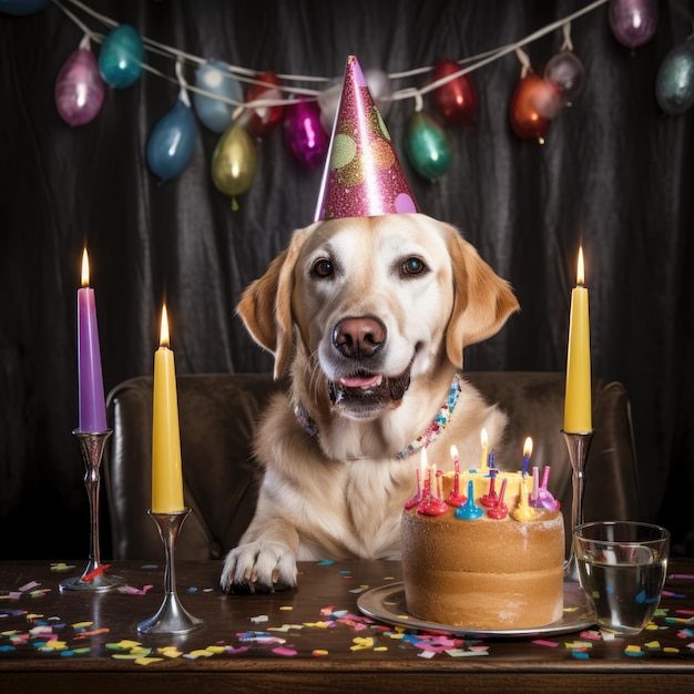 Hond met een feesthoed op een verjaardagsfeestje Labrador