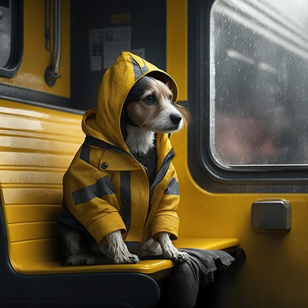 Hond met een gele hoodie zit op een gele trein