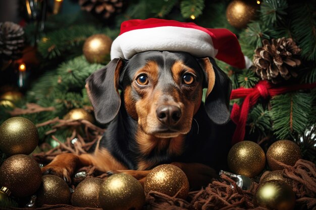 Hond met een kerstmanhoed op de achtergrond van Kerstmis