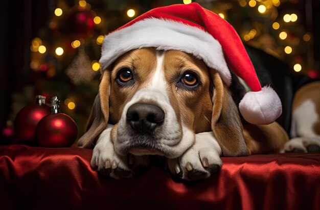 Foto hond met een kerstmanhoed op de achtergrond van kerstmis