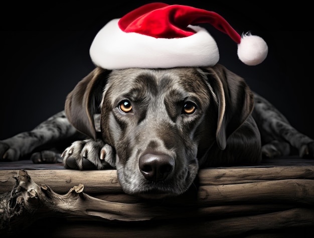 Hond met een kerstmanhoed op de achtergrond