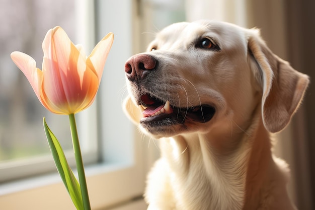 Hond met een tulp