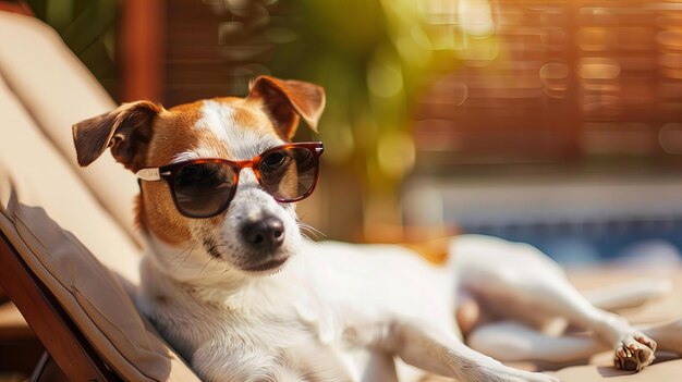 Hond met een zonnebril ontspant zich bij het zwembad Zomer en vakantie concept