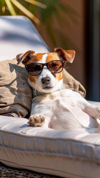 Hond met een zonnebril ontspant zich bij het zwembad Zomer en vakantie concept