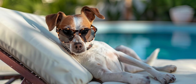 Hond met een zonnebril ontspant zich bij het zwembad Zomer en vakantie concept