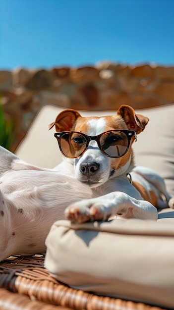 Hond met een zonnebril ontspant zich bij het zwembad Zomer en vakantie concept