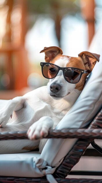 Hond met een zonnebril ontspant zich bij het zwembad Zomer en vakantie concept