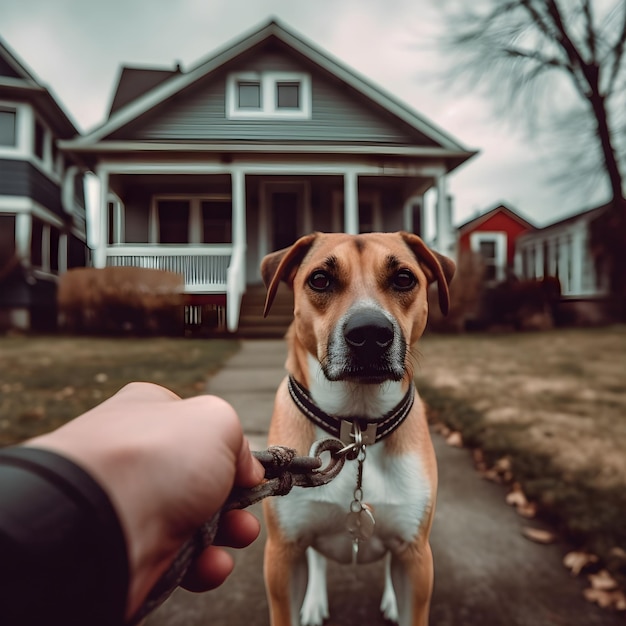 Foto hond met eigenaar voor het huis