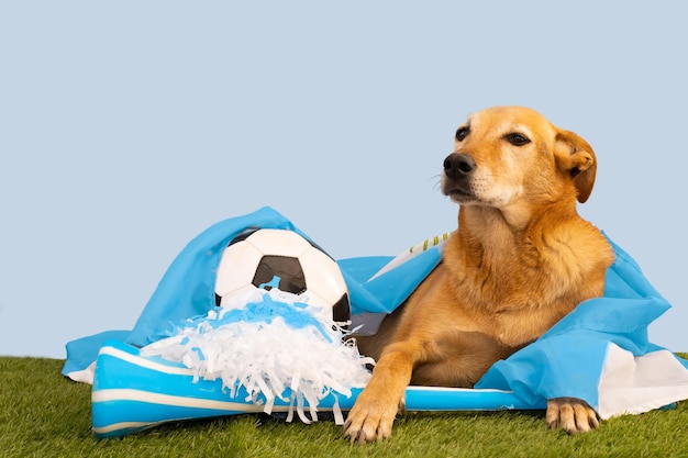 Foto hond met feestartikelen in de kleuren van argentinië