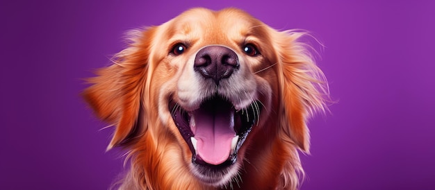Hond met gesloten ogen en open mond die zalig glimlacht op paarse achtergrond in de studio