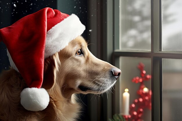 Hond met kerstmanhoed kijkt zorgvuldig naar buiten vanuit een raam AI Generative