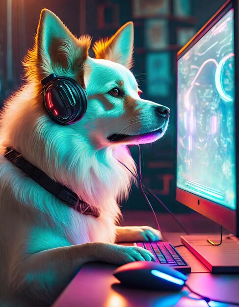 Foto hond met koptelefoon en gamecomputer