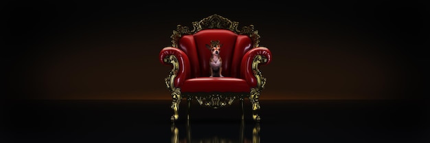 Hond met kroon in een stoel 3D-rendering
