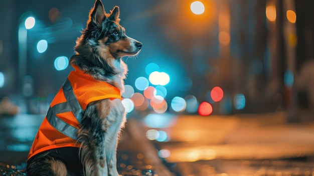 Hond met reflecterend vest in stedelijke nachtelijke omgeving Een prachtige hond versierd met een reflectief vest met hoge zichtbaarheid pauzeert's nachts op een stoep in de stad met levendige straatverlichting die een bokeh-effect creëert