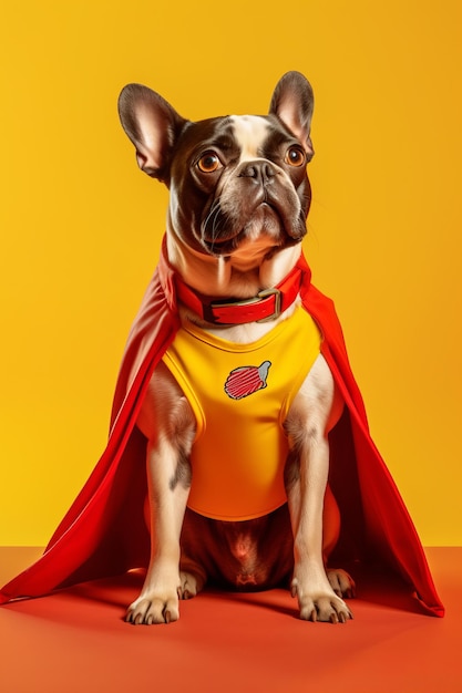 Hond met rode cape en geel shirt met hotdog erop Generatieve AI