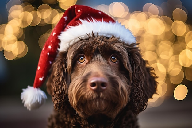 Hond met rode kerstmanhoed kerstboom op de achtergrond Generatieve AI