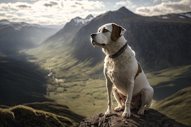 Hond met uitzicht op de uitgestrekte en groene vallei beneden bovenop de bergtop gemaakt met generatieve ai