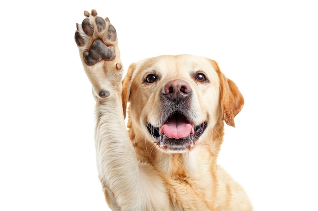 Hond met verhoogde hoge poot die een high five gebaar toont