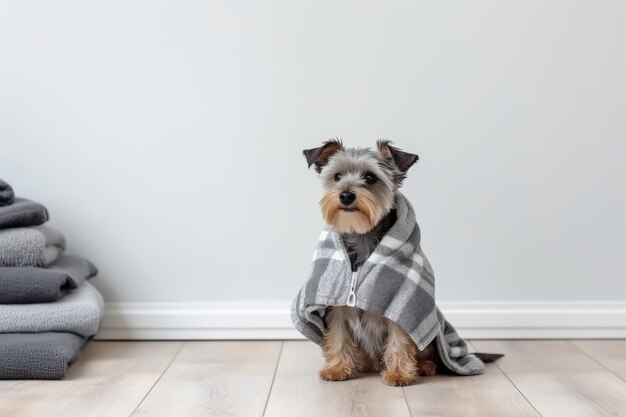 Hond met winterkleding in een gezellige eetkamer met kopieerruimte