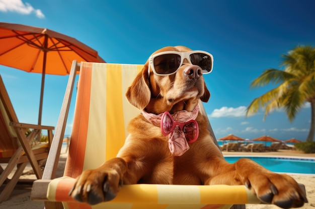 Hond met zonnebril kruipt in de huid van een mens op vakantie