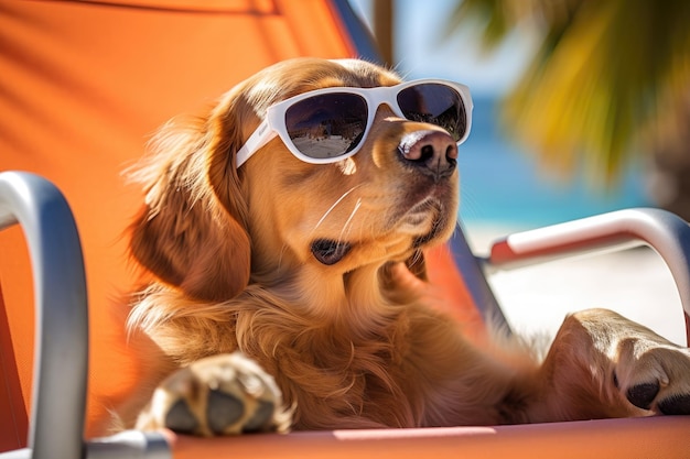 Hond met zonnebril kruipt in de huid van een mens op vakantie