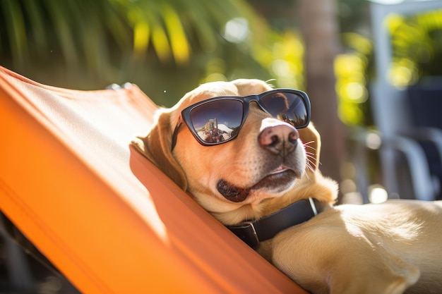 Hond met zonnebril kruipt in de huid van een mens op vakantie