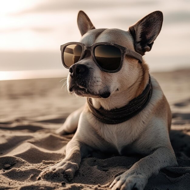 Hond met zonnebril ligt op het strandzand Gemaakt met behulp van generatieve Al-tools