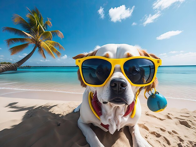 Hond met zonnebril op het strand ai generatief