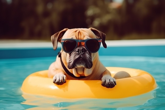 Hond met zonnebril zwemt in gele rubberen ring Vakantie met dieren