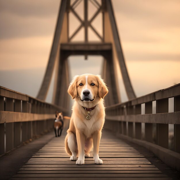 Foto hond op een brug gaan zitten ai gegenereerde huisdierenfoto