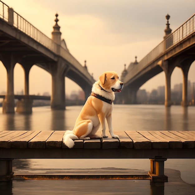 Foto hond op een brug gaan zitten ai gegenereerde huisdierenfoto