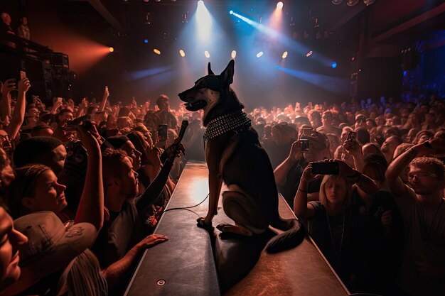 Hond op het podium omringd door fans en flitsende lichten gemaakt met generatieve AI